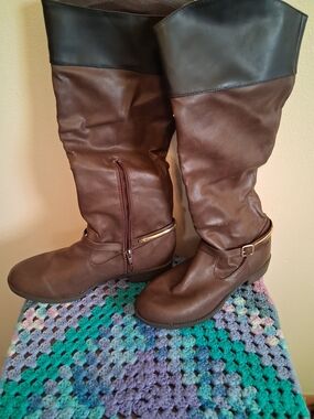Tall Brown Knee-High Riding Boots with Black Cuff